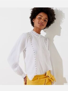 LOFT White Eyelet Embroidered High-Neck Cotton Blouse Western Boho